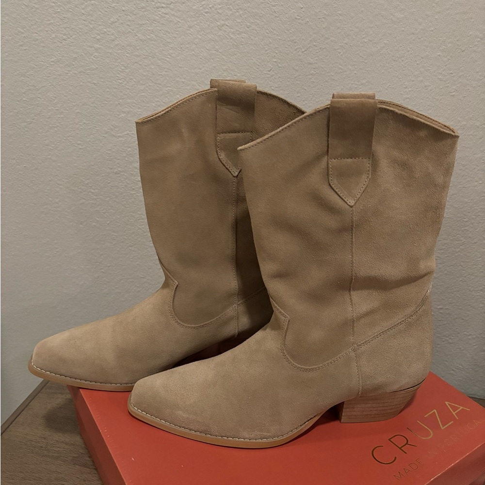 Suede Cowboy Mid-Calf Boots - Beige/ Sand